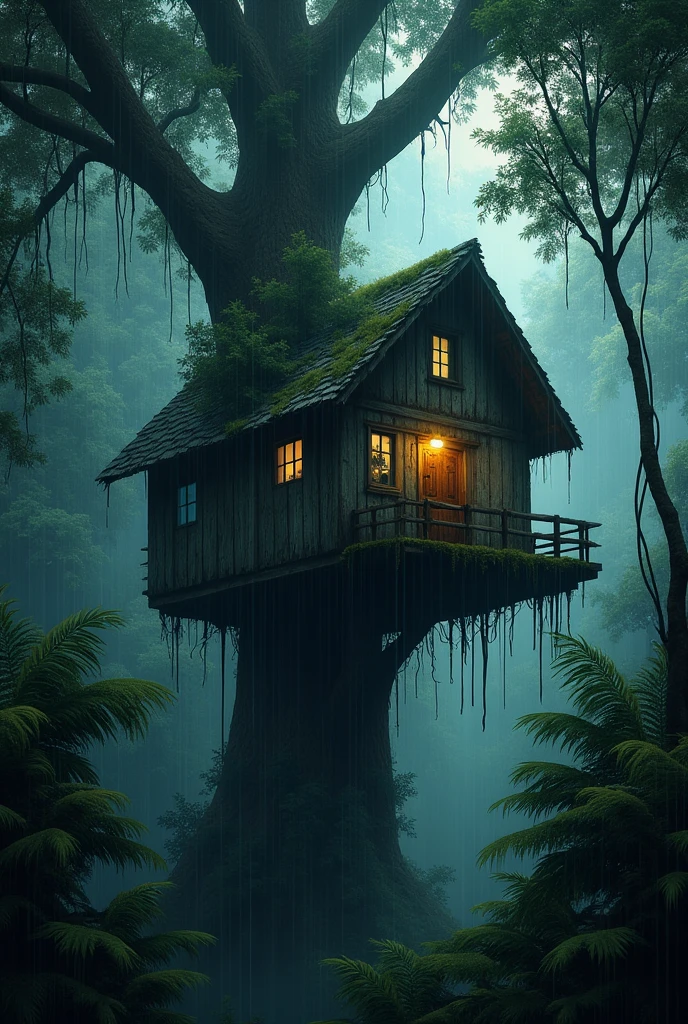 Abandoned tree-cabin in the middle of a dark gloomy rain forest