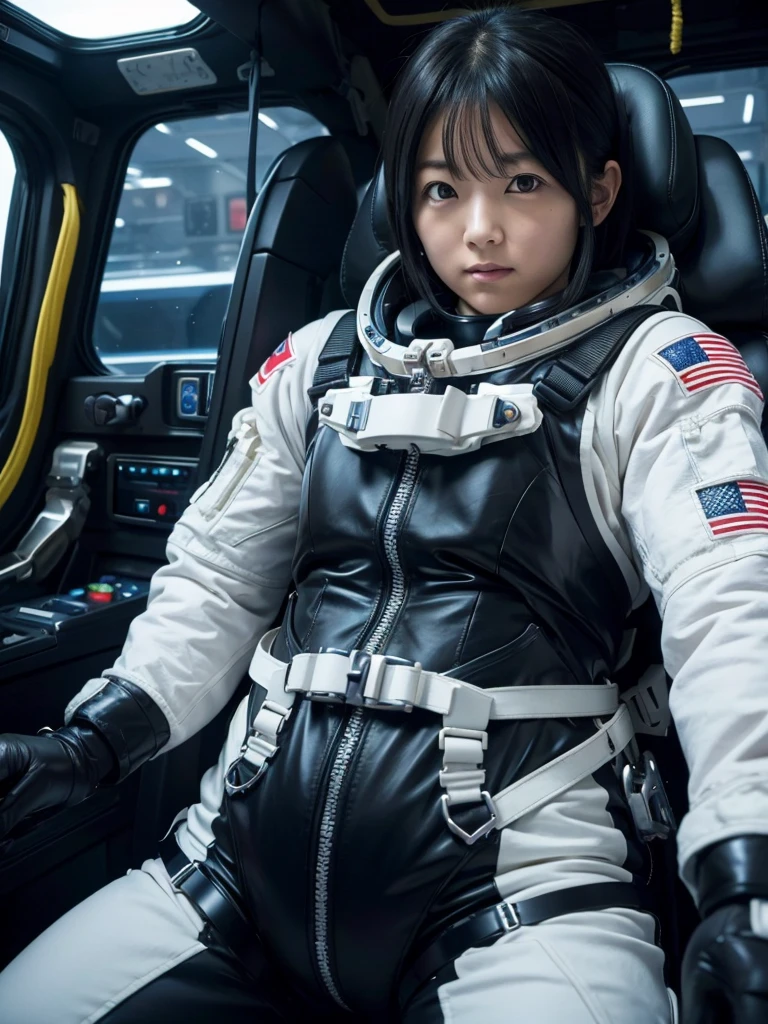 Japanese female astronaut,Black Hair,The spaceship's cockpit,Fully secured in the seat by a harness,A tight-fitting space suit,On life support,Plump,Slightly thicker,Squat