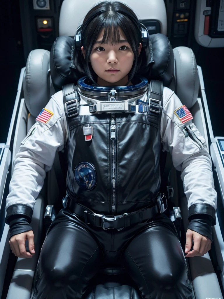 Japanese female astronaut,Black Hair,The spaceship's cockpit,Fully secured in the seat by a harness,A tight-fitting space suit,On life support,Plump,Slightly thicker,Squat