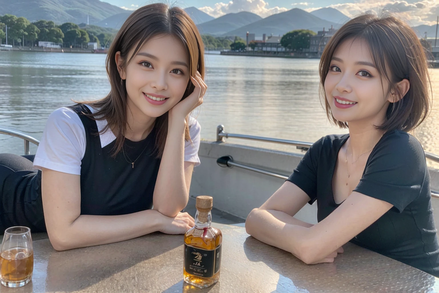 ((Highest quality、8k、masterpiece:1.3))、Whiskey bottles、The Macallan、Joni Black、Old Parr、whiskey、Suntory、Nikka、modelカップル、(Realistic, Intricate details:1.2), full-course dinner、Whiskey bottle and glass on the table、Single Malt、scotch、Rocks glass、Shot Glass、On the rock、Scotland、Amazing view of the sunset sky and clouds、A bright smile、Short sleeve shirt、dress、 (Age 37), 3,Two beauties、Slim men and women、Brown Hair、Shortcuts、 actress, model, Upper Body,