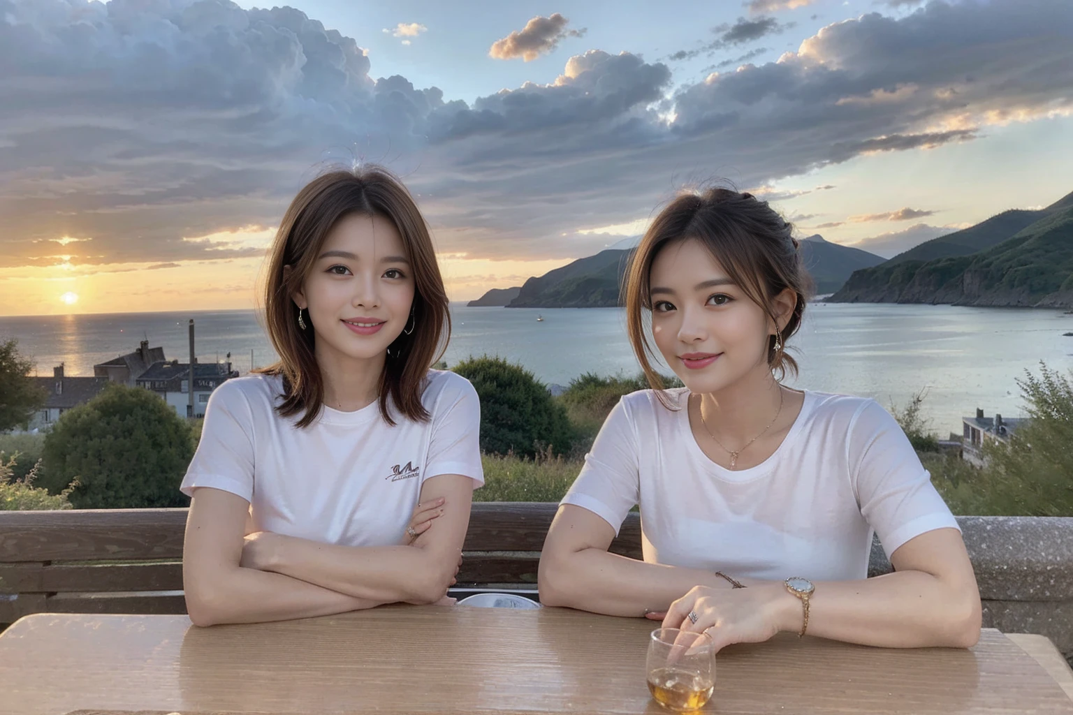 ((Highest quality、8k、masterpiece:1.3))、Whiskey bottles、The Macallan、Joni Black、Old Parr、whiskey、Suntory、Nikka、modelカップル、(Realistic, Intricate details:1.2), full-course dinner、Whiskey bottle and glass on the table、Single Malt、scotch、Rocks glass、Shot Glass、On the rock、Scotland、Amazing view of the sunset sky and clouds、A bright smile、Short sleeve shirt、dress、 (Age 37), 3,Two beauties、Slim men and women、Brown Hair、Shortcuts、 actress, model, Upper Body,