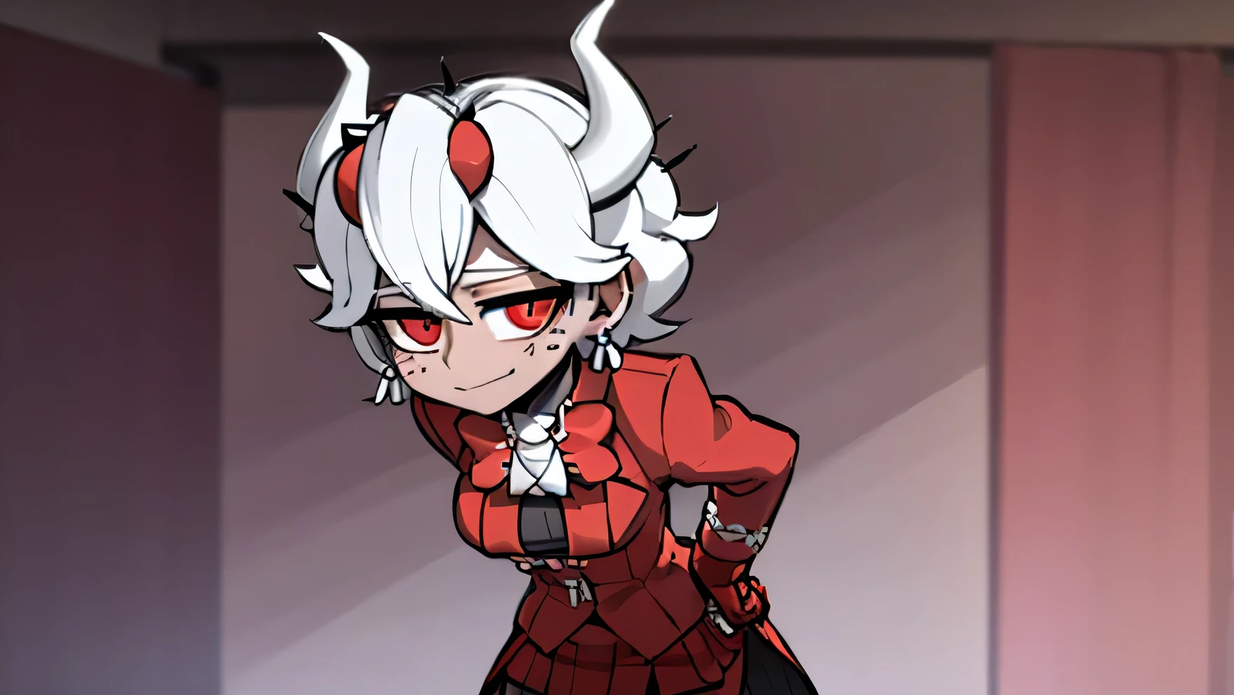 beelzebub(helltaker), red bowtie,1girl, looking at viewer, red eyes, demon horns, white hair, smile, earrings, closed mouth, demon girl, red gloves, gloves, jewelry, horns, white horns, solo, hair between eyes, cowboy shot, solo, short hair, school uniform, skirt, standing, leaning forward, arms behind back, smile, classroom