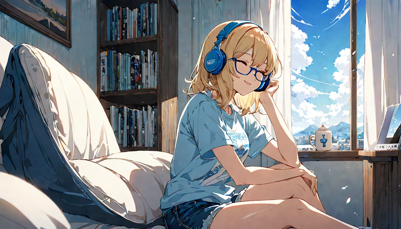 From the side、Legs crossed、(Blonde and bespectacled woman)、(Listening to background music with headphones in a bedroom with a beautiful view of the blue sky)、(sitting on the sofa drinking coffee)、(Extremely detailed、masterpiece、Highest quality、bright)、(Anime Style)
background:A gentle breeze rustles the curtains in this room:Calm eyes closed、look at the blue sky、Relaxed facial expression:On a T-shirt、Denim shorts、:Sitting cross-legged、Listening to music through headphones、Pleasant background music plays