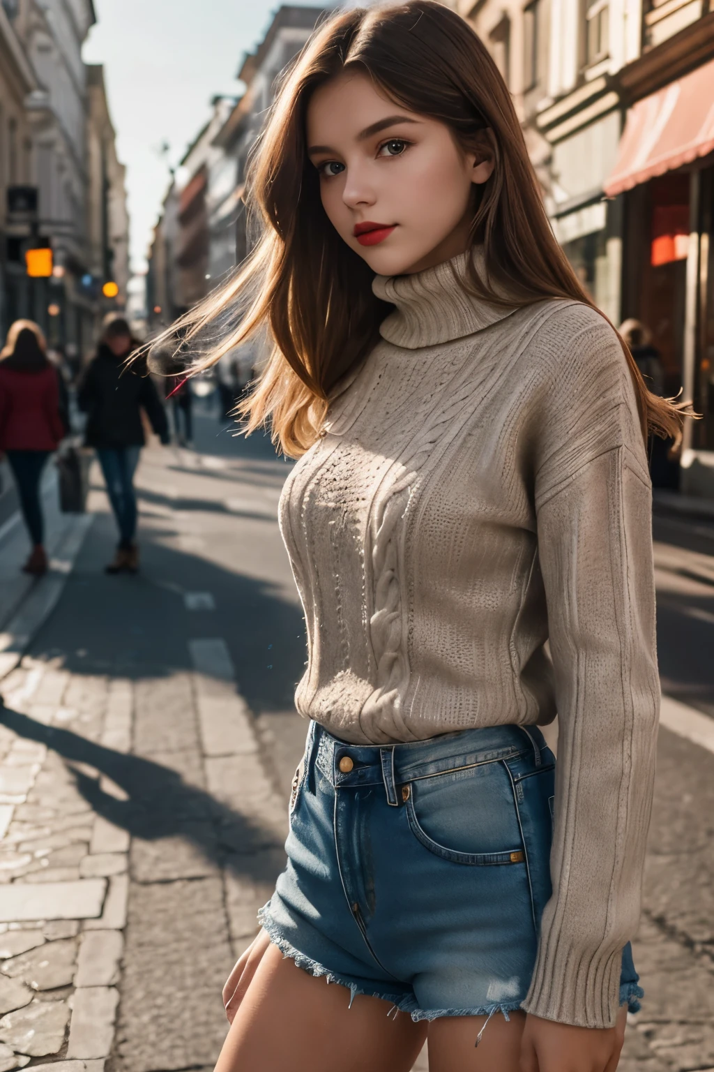 (((hd closeup photo))) beautiful young polish , wearing tight denim shorts , standing on busy street corner, long hair, red lipstick, turtleneck sweater, morning light,