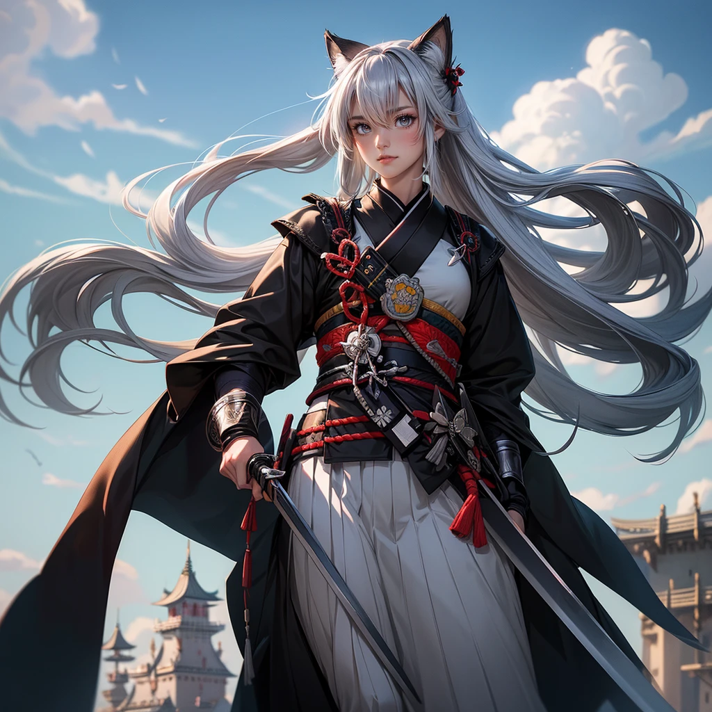 With a vast horizon and a large castle in the background、A samurai woman with silver hair and silver cat ears、Wield two swords skillfully like Miyamoto Musashi。The sword's trajectory left an afterimage of wind-like movement.、It has an overwhelming presence in the midst of fierce battles.。Other warriors were fighting around him.、The tension of the battlefield is felt。The background makes up 70% of the total、The magnificent castle and the wide horizon emphasize the atmosphere of the battlefield.。Women are drawn at 20% of the total size.、Her dignity and beauty are outstanding。The whole thing is in a realistic 3DCG style.、The power and strength of a warrior like Miyamoto Musashi is expressed in detail.。