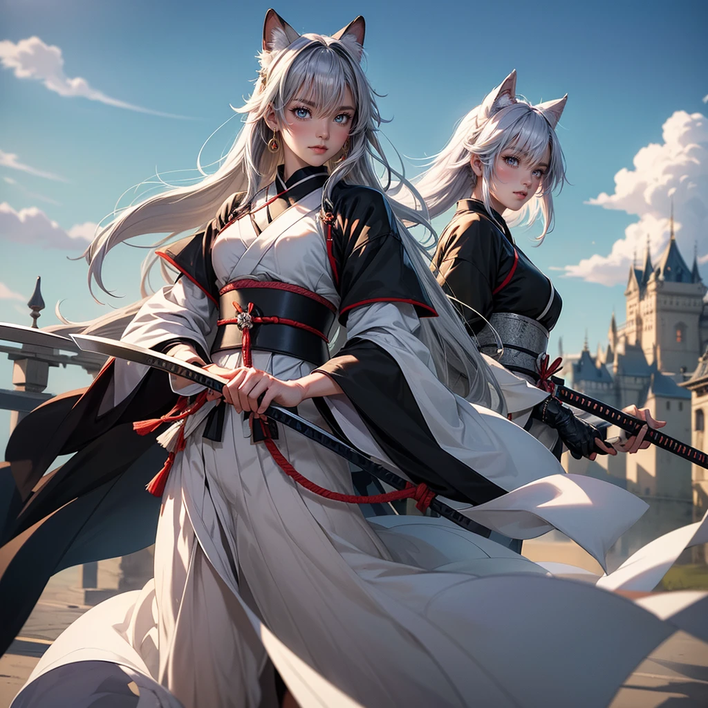 With a vast horizon and a large castle in the background、A samurai woman with silver hair and silver cat ears、Wield two swords skillfully like Miyamoto Musashi。The sword's trajectory left an afterimage of wind-like movement.、It has an overwhelming presence in the midst of fierce battles.。Other warriors were fighting around him.、The tension of the battlefield is felt。The background makes up 70% of the total、The magnificent castle and the wide horizon emphasize the atmosphere of the battlefield.。Women are drawn at 20% of the total size.、Her dignity and beauty are outstanding。The whole thing is in a realistic 3DCG style.、The power and strength of a warrior like Miyamoto Musashi is expressed in detail.。