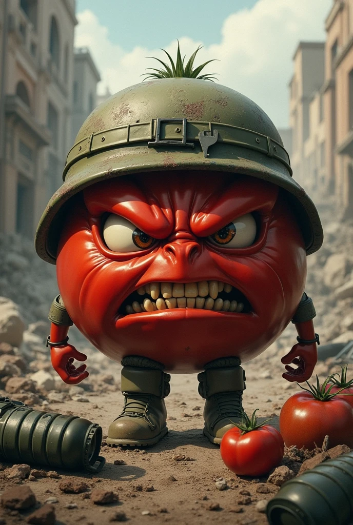 "Create a hyper-realistic image of an angry tomato in a war scene. The tomato should have an intense, menacing expression with a scowling face, furrowed brow, and angry eyes. Surround it with military gear like a helmet, grenades, and perhaps even a weapon. The background should depict a war-torn landscape with smoky skies, ruined buildings, and debris scattered around. The overall atmosphere should be tense and gritty, emphasizing the chaos and destruction