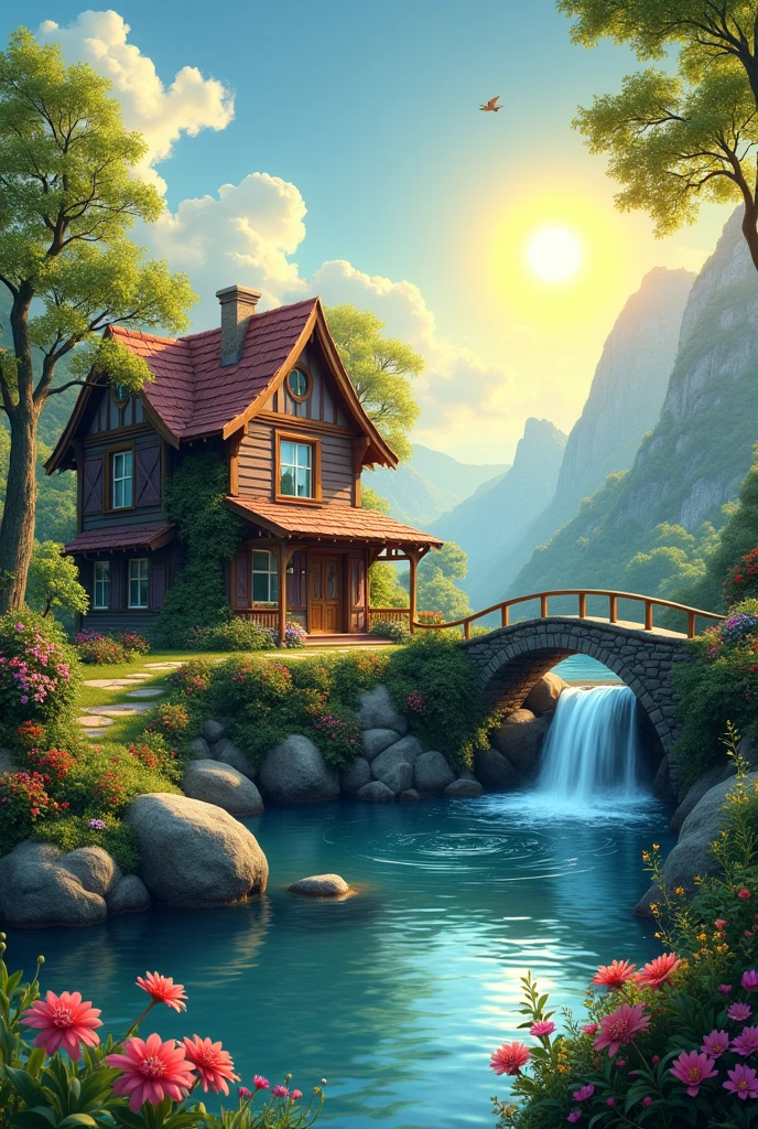 Create a realistic image with full resolution 8k cinematic quality of a serene landscape. In the foreground, a cozy rustic house with wooden walls and a tiled roof is surrounded by lush greenery and vibrant blooming vegetation. The house is situated near a stone bridge that crosses a tranquil lake, whose waters reflect the blue sky and the beautiful yellow sun shining brightly in the background. Beside the lake, a crystal-clear waterfall gently cascades down the rocks, with colorful flowers growing along its edges, adding a touch of natural beauty. The sunlight casts a golden glow over the scene, highlighting the rich floral details and creating a peaceful and idyllic atmosphere.