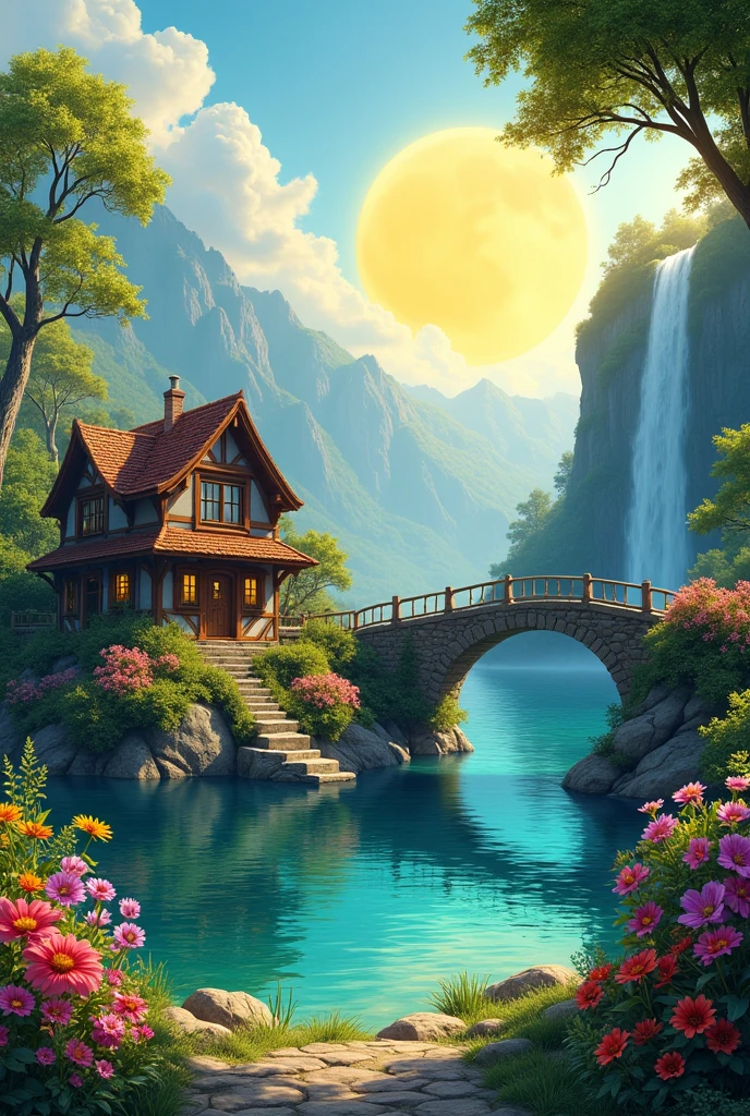 



         Create a realistic image with full resolution 8k cinematic quality of a serene landscape. In the foreground, a cozy rustic house with wooden walls and a tiled roof is surrounded by lush greenery and vibrant blooming vegetation. The house is situated near a stone bridge that crosses a tranquil lake, whose waters reflect the blue sky and the beautiful yellow sun shining brightly in the background. Beside the lake, a crystal-clear waterfall gently cascades down the rocks, with colorful flowers growing along its edges, adding a touch of natural beauty. The sunlight casts a golden glow over the scene, highlighting the rich floral details and creating a peaceful and idyllic atmosphere.