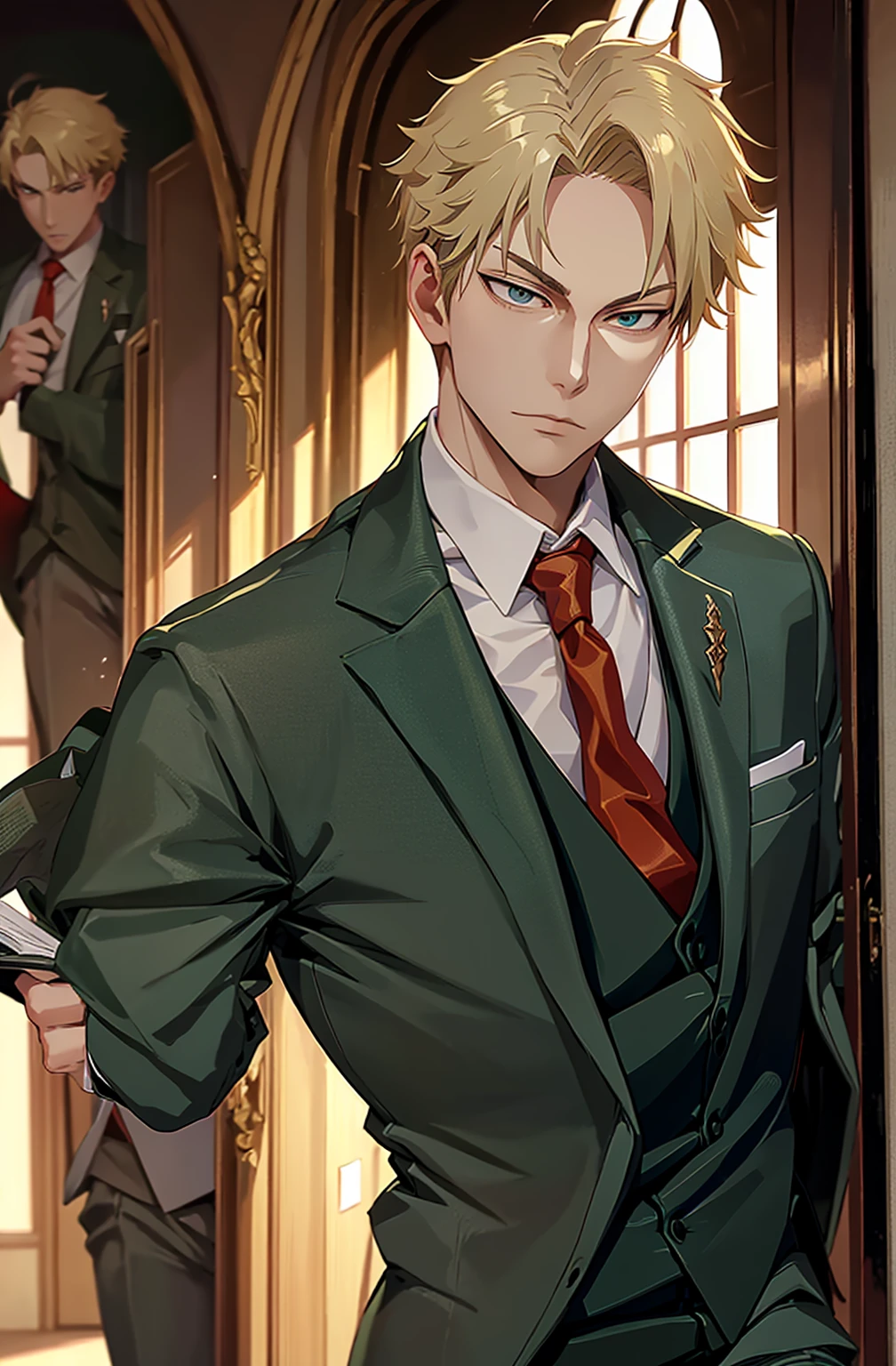 1man, solo, upper body, loidforger man with light green three-piece suit with a red tie run in corridor palace germany, blonde, blurry background, dramatic, dynamic pose, spy x family, secret agent, bokeh,
