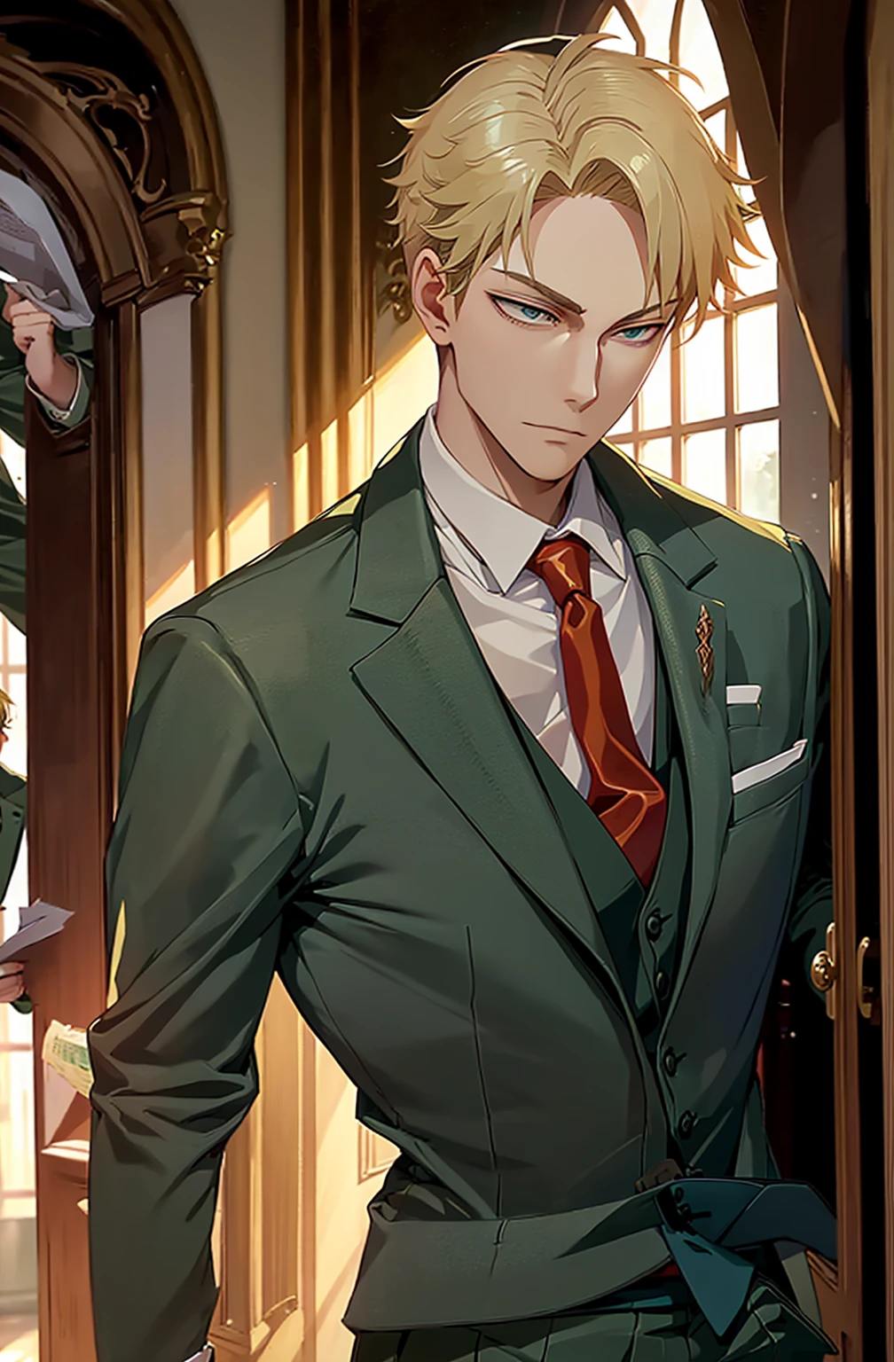 1man, solo, upper body, loidforger man with light green three-piece suit with a red tie run in corridor palace germany, blonde, blurry background, dramatic, dynamic pose, spy x family, secret agent, bokeh,
