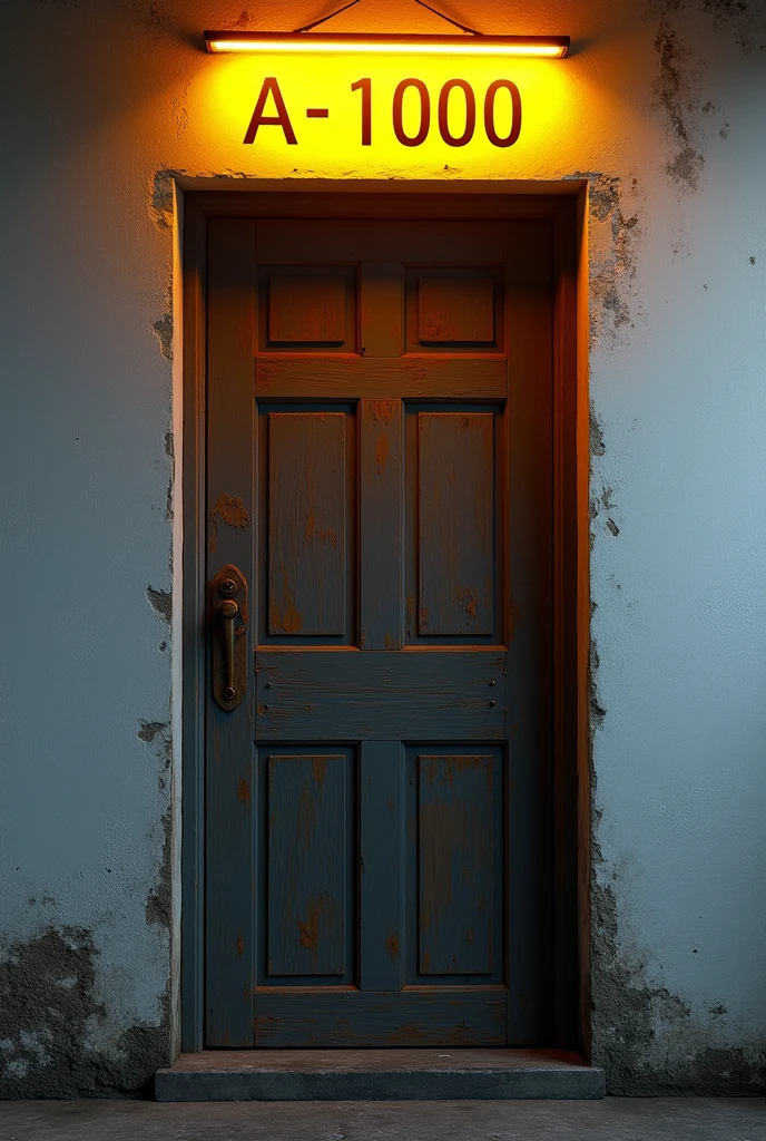 A brown old door in the dark in a white wall with a yellow brightness sign in the top that says A-1000