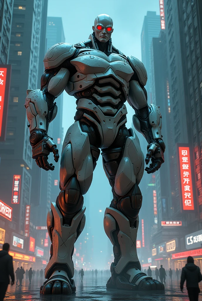 A big giga muscular men cyborg with scars on all body, red eyes, very white, scars, a night neon city scenery.