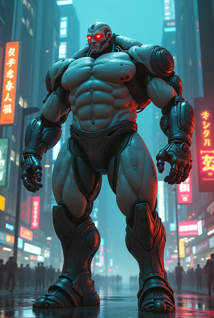 A big giga muscular men cyborg with scars on all body, red eyes, very white, scars, a night neon city scenery.