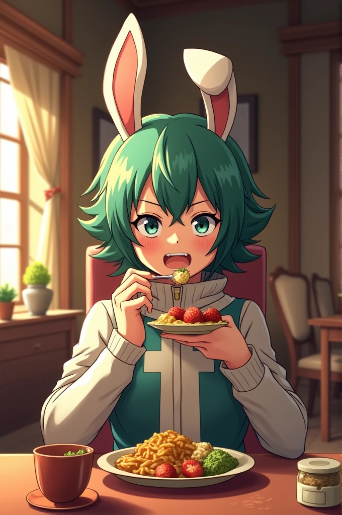 The character of boku no Hero academia Izuku Midoriya dining room and since he is disguised as the character, the character of miruko