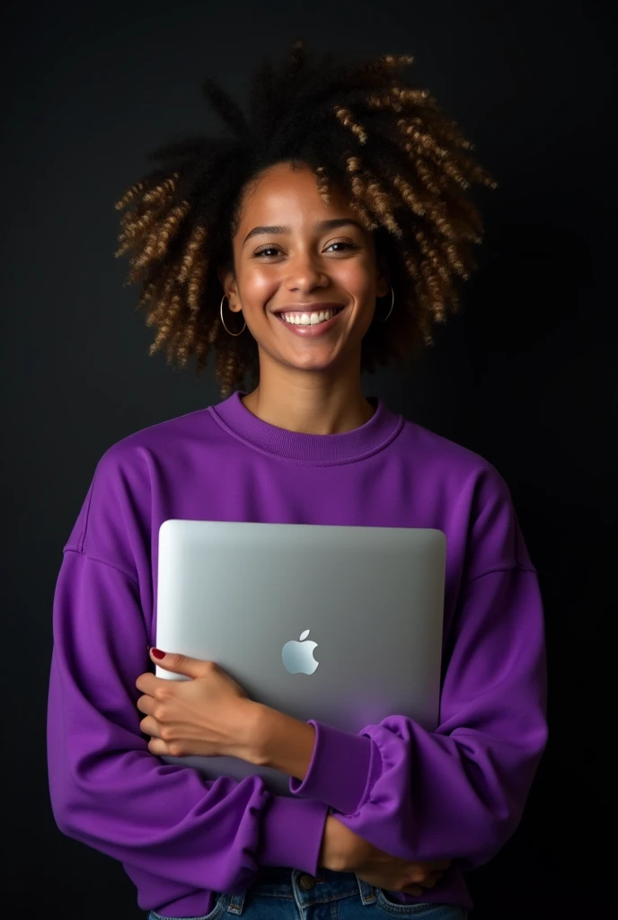 happy fashionable girl age 24 in bright purple sweatshirt, holds macbook pro straight, Black background, The girl has curly hair, backlighting separating the girl from the background