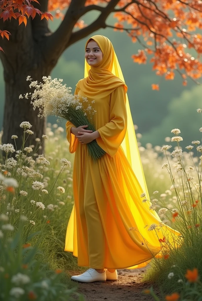 An adult girl wearing a hijab yellow shawl wears a long yellow dress like flowing water made of chiffon, wears white shoes, is in a place where lots of weeds grow, the flowers are white, and there is a tree whose fallen leaves are red. . smiling while holding white flowering wild grass.