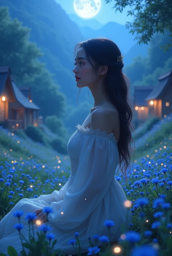 A beautiful girl live in a beautiful valley near village. It's look so beautiful and her eyes is so mesmerising that attract anyone. Her looks so attractive. Her near the blue soft  moonlight  , blue flowers with lots of 
 fireflies.