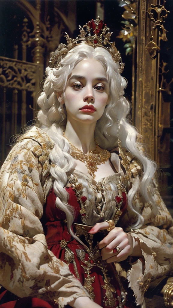 Portrait of Beautiful albino queen with detailed braided medieval hairstyle (white hair), wearing detailed medieval gown (red and black colours), with gold accessories and gold tiara, medieval queen, medieval woman,queen,game of thrones style,daenerys targaryen style, high quality, very detailed,hd quality, masterpiece 