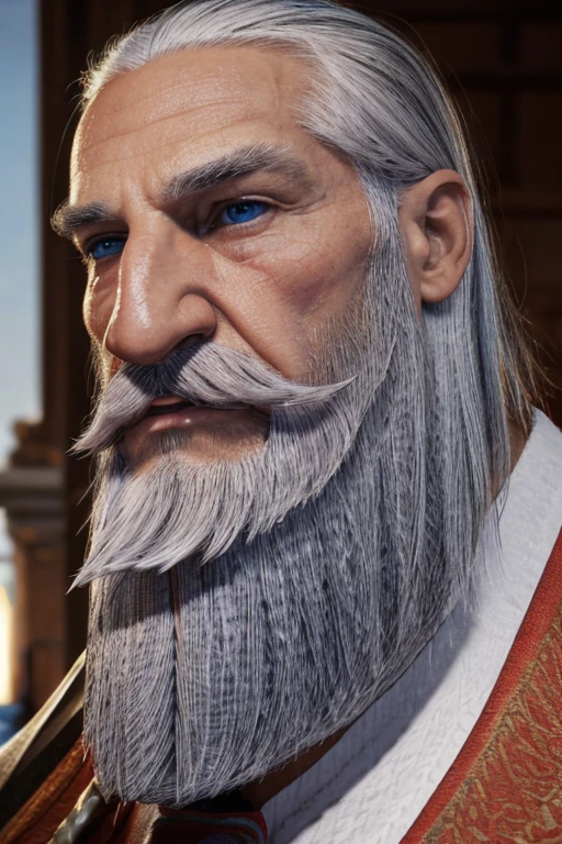 80 year old handsome muscular man with white beard,  well groomed moustache, bushy grey eyebrows, absurdly huge nose, hawk nose, concave nose, nose with pronounced bridge and outward curve that protrudes from the base of the nose, big old man nose, 80 years old daddy, charming eyes, burly, hunk, mature male, bara, robust appearance, blue eyes, thick square jaw, no ears, Attractive strong men, Exquisite facial features，super gain and cool, short beard
