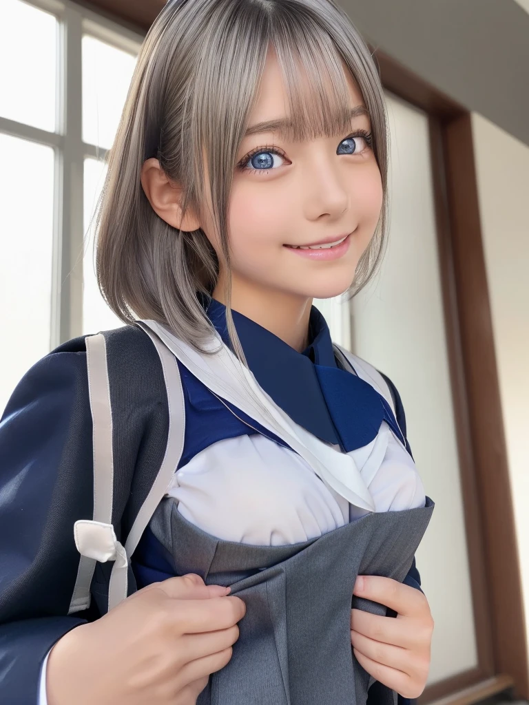 Browsing Caution,Correct human anatomy,Photorealistic One Girl,(Very detailedかわいい顔:1.5),Short Hair,Natural platinum silver hair,Bright big blue eyes,Droopy eyes,Balanced Eyes,smile,Nordic beauty,(Perfect Boobs:1.25),(Perfect Vagina:1.25),high quality,最high quality,8k,Ultra-realistic,Very detailed,High resolution,High resolution修正,Masterpiece,(School uniforms:2.0),(Sexual climax:1.5)