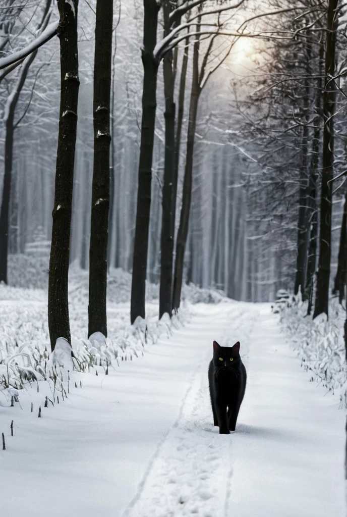Un chat Noir marche dans une forêts enneigé, High resolution, Artwork, Awarded several times, Plan Large, Next to, it's snowing