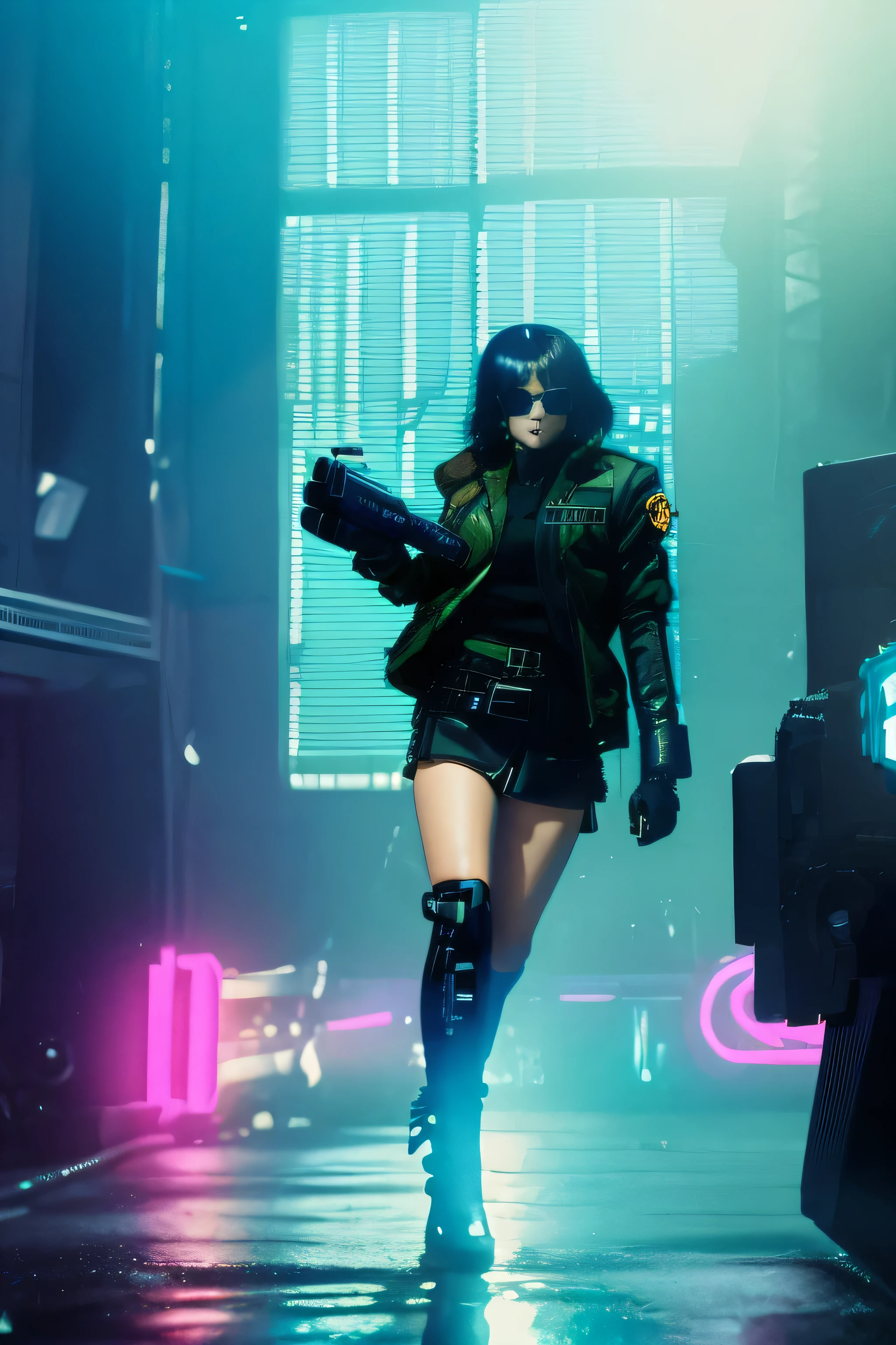 masterpiece, Major Motoko Kusanagi, dystopian cityscape, (((tactical vest, extremely short pleated (((miniskirt)))))), (((((matrix style black sunglasses))))), (((((aiming at viewer with a (short:0.8 pistol)))))), (((half-body (thigh level) medium shot))), (cinematic lighting), (((inspired by the style of (Patrick Nagel)))), retrofuturism, dystopian background, dark room filled with electronic devices, cyberpunk aesthetics, dystopian aesthetics, neon lights, floating holographic data