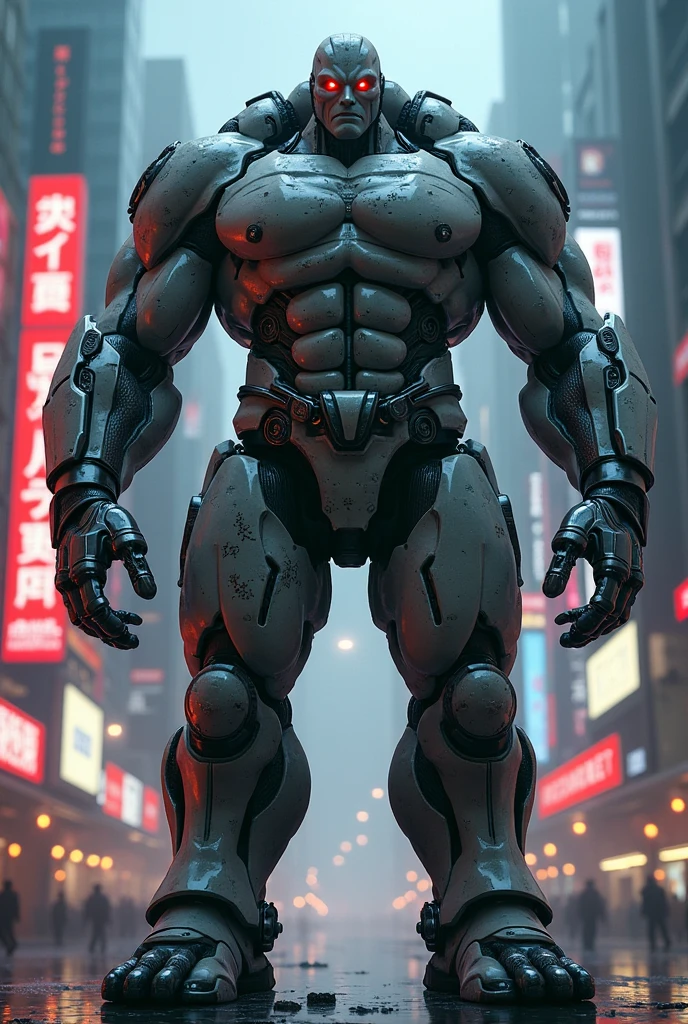 A big giga muscular men cyborg with scars on all body, red eyes, very white, scars, a night neon city scenery.
