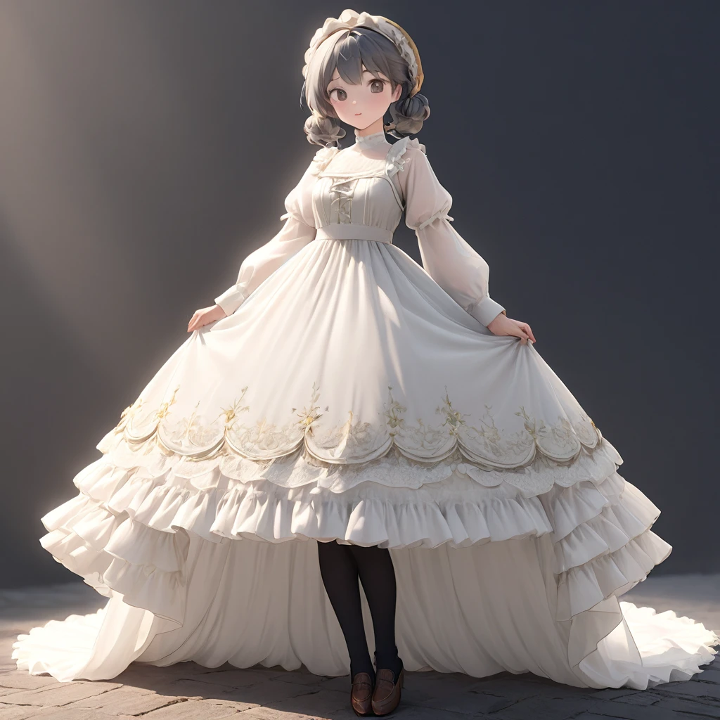 (Highly detailed CG Octane render 8k wallpaper),  Girls Underwear, You can see real bloomers made from cotton fabric.., Medieval translucent with panniers（Black and White）Long dress, Fabric Realism, Low - Angle,  Pull up the dress by hand, Strong winds, Translucent slip, Translucent slip, tights, Highest quality, whole body, I can see your thighs, Silver and gold embroidery
