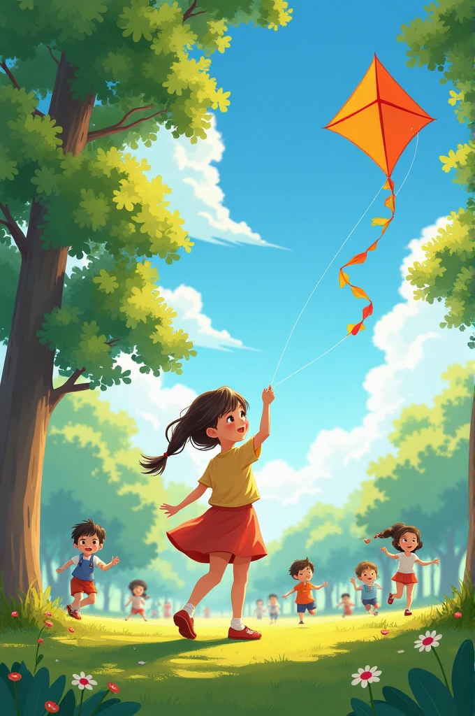 A  flying a kite in a park with other kids playing in the background