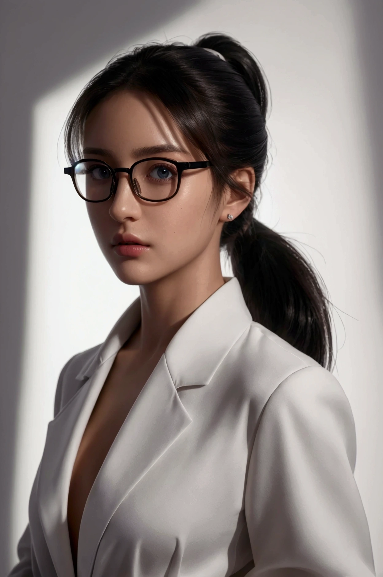 ((best quality)), ((masterpiece)), (detailed), (photorealistic:1.4), best quality, masterpiece, ultra high res, 1girl, (detailed face:1.2), (detailed eyes:1.2), (detailed hair:1.2), (detailed clothes:1.2), 4k, (detailed color:1.2), perfect face, beautiful body, pretty face, teenager female, perfect body, Ultra-high detail, Photorealism, Intimate atmosphere, flowing light, black straight hair, ponytail, glasses, white blouse, black coat, unbuttoned coat, at the office, tease pose, straight face