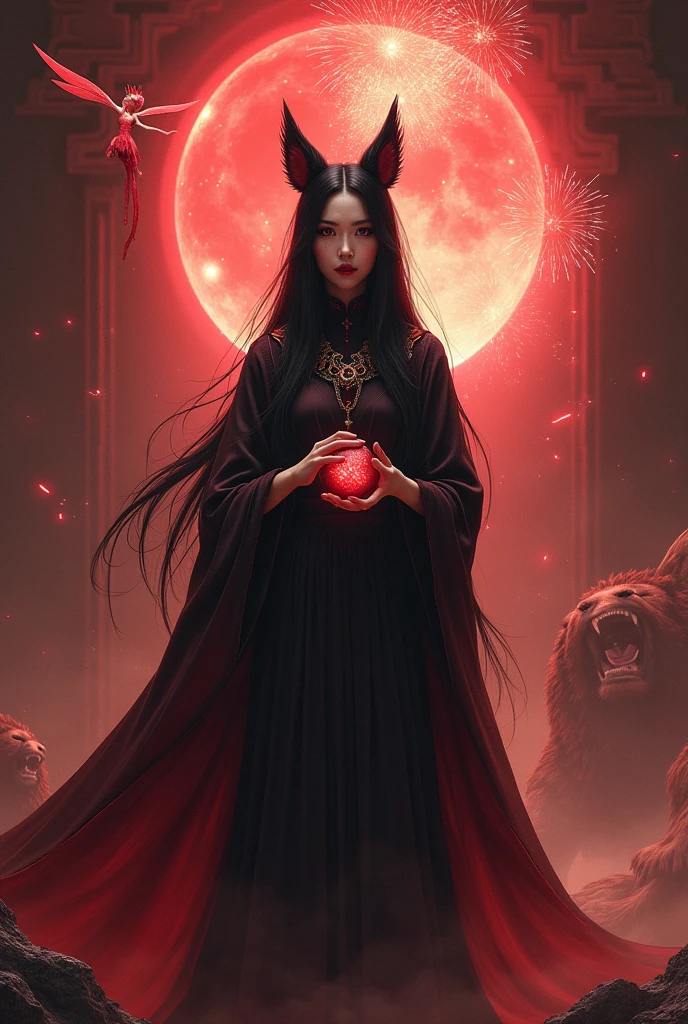 Asian Witch,black hair,Red body,Lion ears,Long slender fingers,straight face,peephole,Fireworks ,Holding a marble,A red fairy flies behind.,There is a griffin,There is a lion.,Red Magic Castle