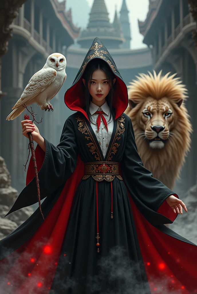 photo, asian woman, white skin, Slender face, Facing straight, Fluffy black hair, Slender fingers, Black witch cloak, Red Hood, black witch hat, White collared inner shirt, Red and white patterned tie, Holding a small, straight wand, There were several red sparks and red smoke coming out of the wood., A white owl stands on the right shoulder., A large golden lion appeared from the left rear side., The background is an old black castle.