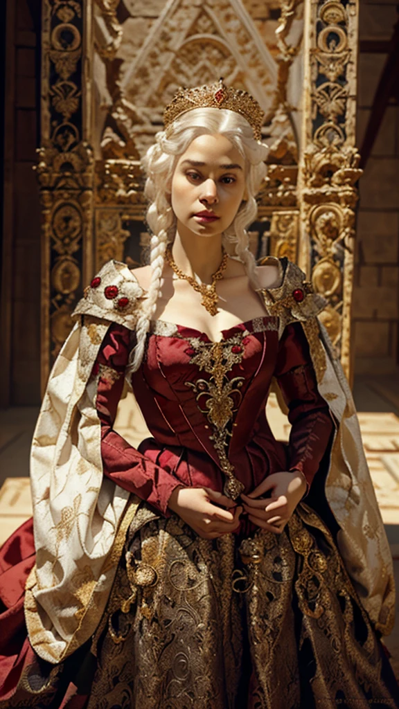 Portrait of Beautiful albino queen with detailed braided medieval hairstyle (white hair), wearing detailed medieval gown (red and black colours), with gold accessories and gold tiara, medieval queen, medieval woman,queen,game of thrones style,daenerys targaryen style, high quality, very detailed,hd quality, masterpiece 