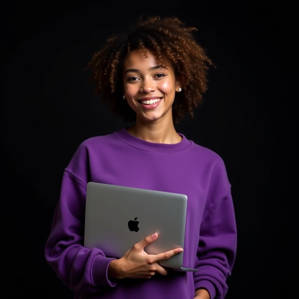 happy fashionable girl age 24 in bright purple sweatshirt, holds macbook pro straight,  Black background, The girl has curly hair, backlighting separating the girl from the background