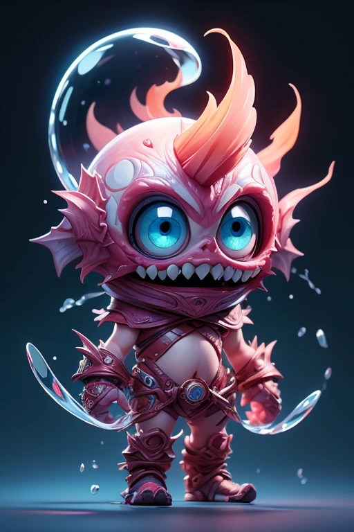 Create a monster image, a small, big-headed, baby monster.. The body is transparent and can be seen through. The image is sharp and detailed., with beautiful colors.. With arms, leg, eyes, mouth, พื้นหลังสีlegว