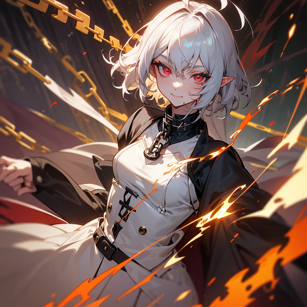 elf, silver hair, short hair, medium cut, ahoge, curly hair,scarlet eyes,slender,fair skin, Mediovale, solo, cool smile, smart, with crazy eyes, fire effect, chain, dark fantasy, dark atmosphere, Traumacore, Collar with chain, tailcoat, Dance party, upper body, looking at viewer, inside, mansion
