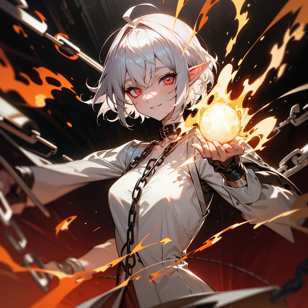 elf, silver hair, short hair, medium cut, ahoge, curly hair,scarlet eyes,slender,fair skin, Mediovale, solo, cool smile, smart, with crazy eyes, fire effect, chain, dark fantasy, dark atmosphere, Traumacore, Collar with chain, tailcoat, Dance party, upper body, looking at viewer, inside, mansion