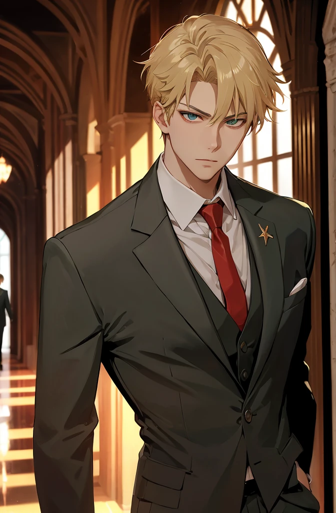 1man, solo, upper body, loidforger man with light green three-piece suit with a red tie run in corridor palace germany, blonde, blurry background, dramatic, dynamic pose, spy x family, secret agent, bokeh,
