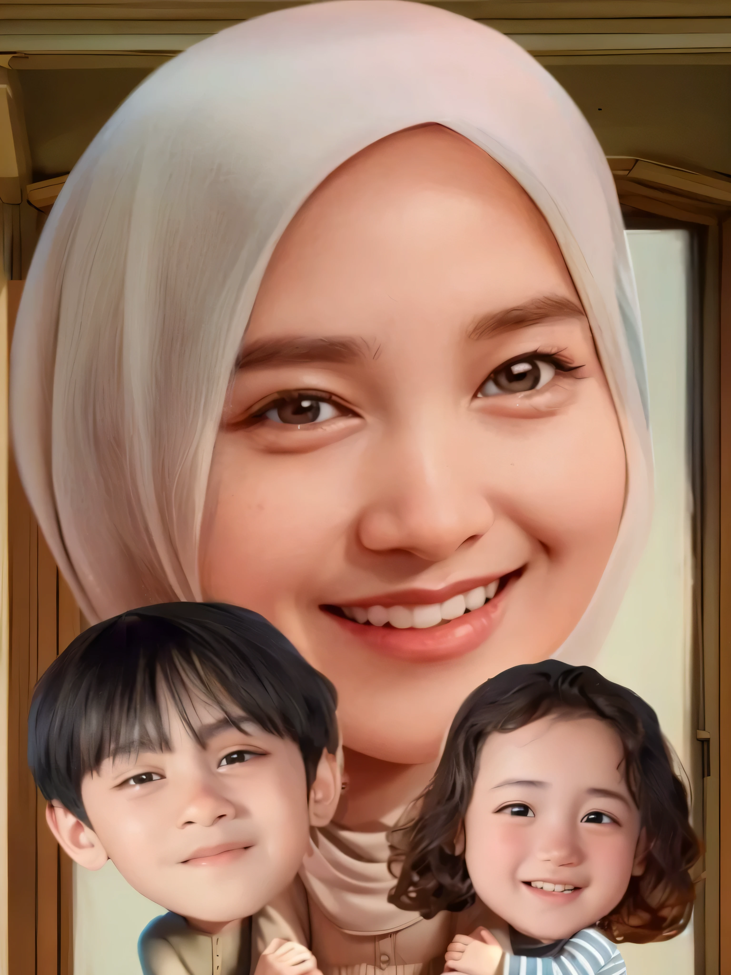a close up of a hijab woman, Sitting with two boys at the window, full protrait, realism artstyle, inspired by Nil Gleyen, nft portrait, fanart, portait photo profile picture, kawaii realistic portrait, in cartoon style, inspired by JoWOnder, protrait, high quality portrait, sakimi, inspired by Kim Jeong-hui