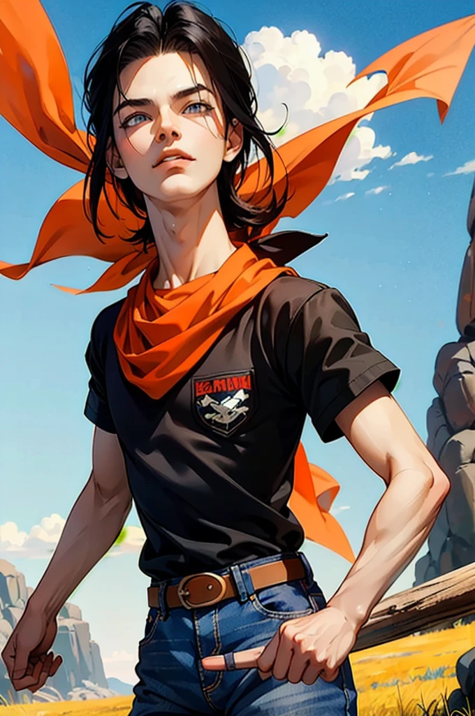 (8k, best quality, masterpiece:1.2),blue sky,rocky grassfields,1boy,android 17, (black shirt), orange bandana, jeans,brown belt,layered shirt,white sleeves,black hair, blue eyes, parted hair,red patch, short hair,upper body, evil smile, looking at viewer