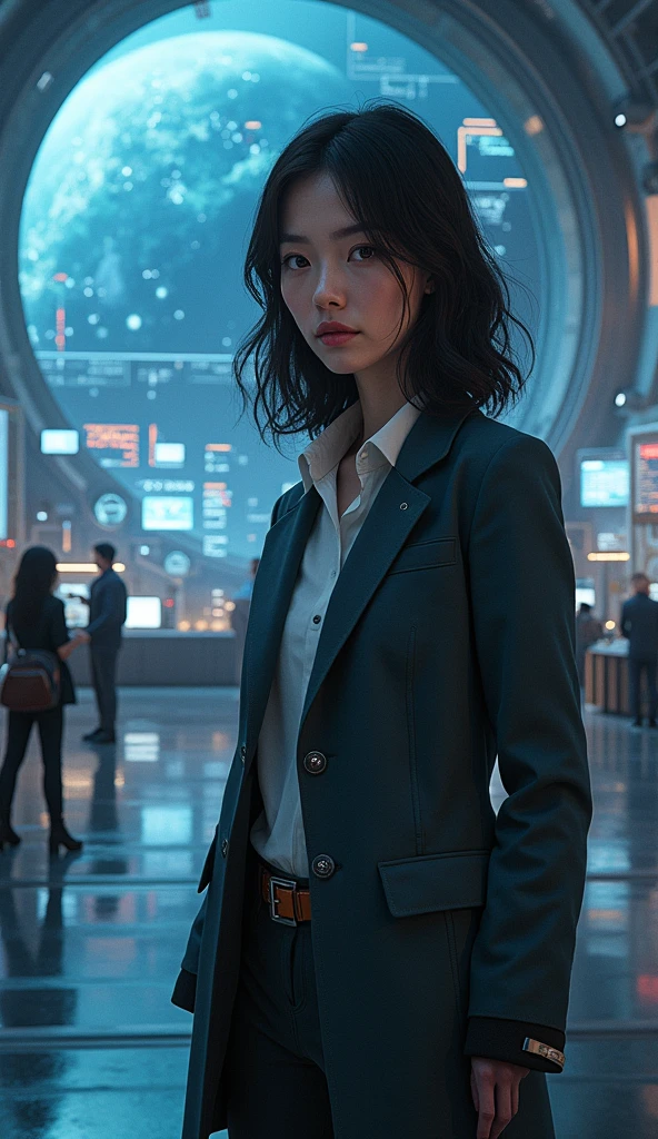 An engineer dressed as a young dark-haired woman with a serious expression, In the background is a large scientific observatory with a large screen and many staff members.