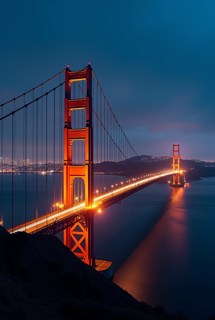 The Golden Gate Bridge with the city of San Francisco in the background at night