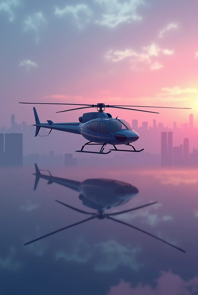 I want an image of a helicopter flying in a sky with soft shades of blue, purple and orange, evoking the colors of a sunset. Colors should be subdued and subtle, not very saturated. In the background, I would like to see some buildings to create an urban atmosphere.