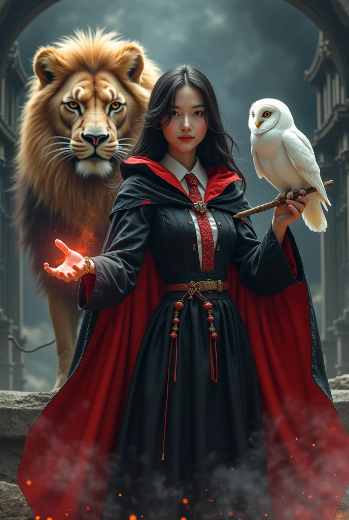 photo, asian woman, white skin, Slender face, Facing straight, Fluffy black hair, Slender fingers, Black witch cloak, Red Hood, black witch hat, White collared inner shirt, Red and white patterned tie, Holding a small, straight wand, There were several red sparks and red smoke coming out of the wood., A white owl stands on the right shoulder., A large golden lion appeared from the left rear side., The background is an old black castle.