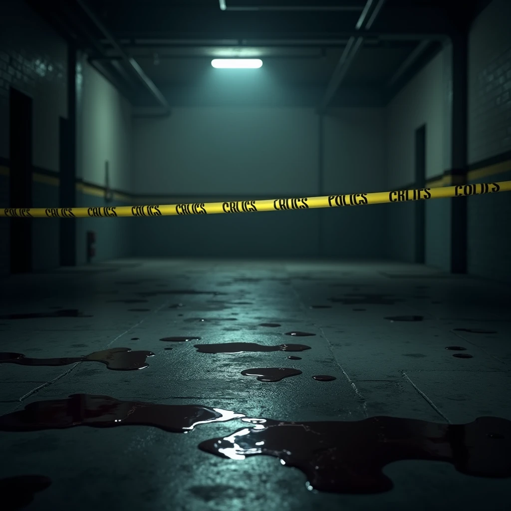 There are ink marks on the cement floor., There is a police line outside, 4K Photos, realistic