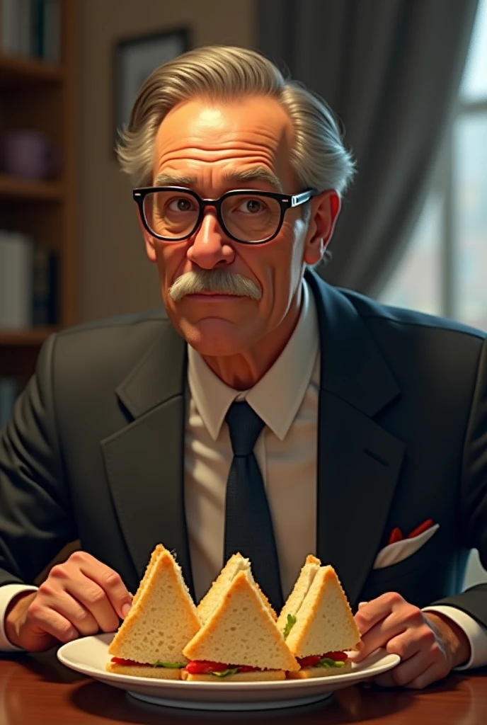 Un grand homme avec des petites lunettes carrées qui mange des sandwichs triangle