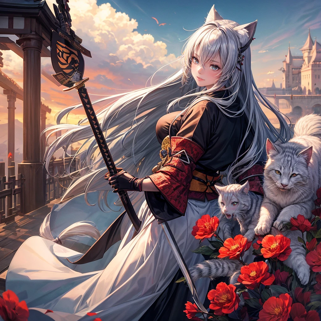 With a vast horizon and a large castle in the background、A samurai woman with silver hair and silver cat ears、Wield two swords skillfully like Miyamoto Musashi。The sword's trajectory left an afterimage of wind-like movement.、It has an overwhelming presence in the midst of fierce battles.。Other warriors were fighting around him.、The tension of the battlefield is felt。The background makes up 70% of the total、The magnificent castle and the wide horizon emphasize the atmosphere of the battlefield.。Women are drawn at 20% of the total size.、Her dignity and beauty are outstanding。The whole thing is in a realistic 3DCG style.、The power and strength of a warrior like Miyamoto Musashi is expressed in detail.。