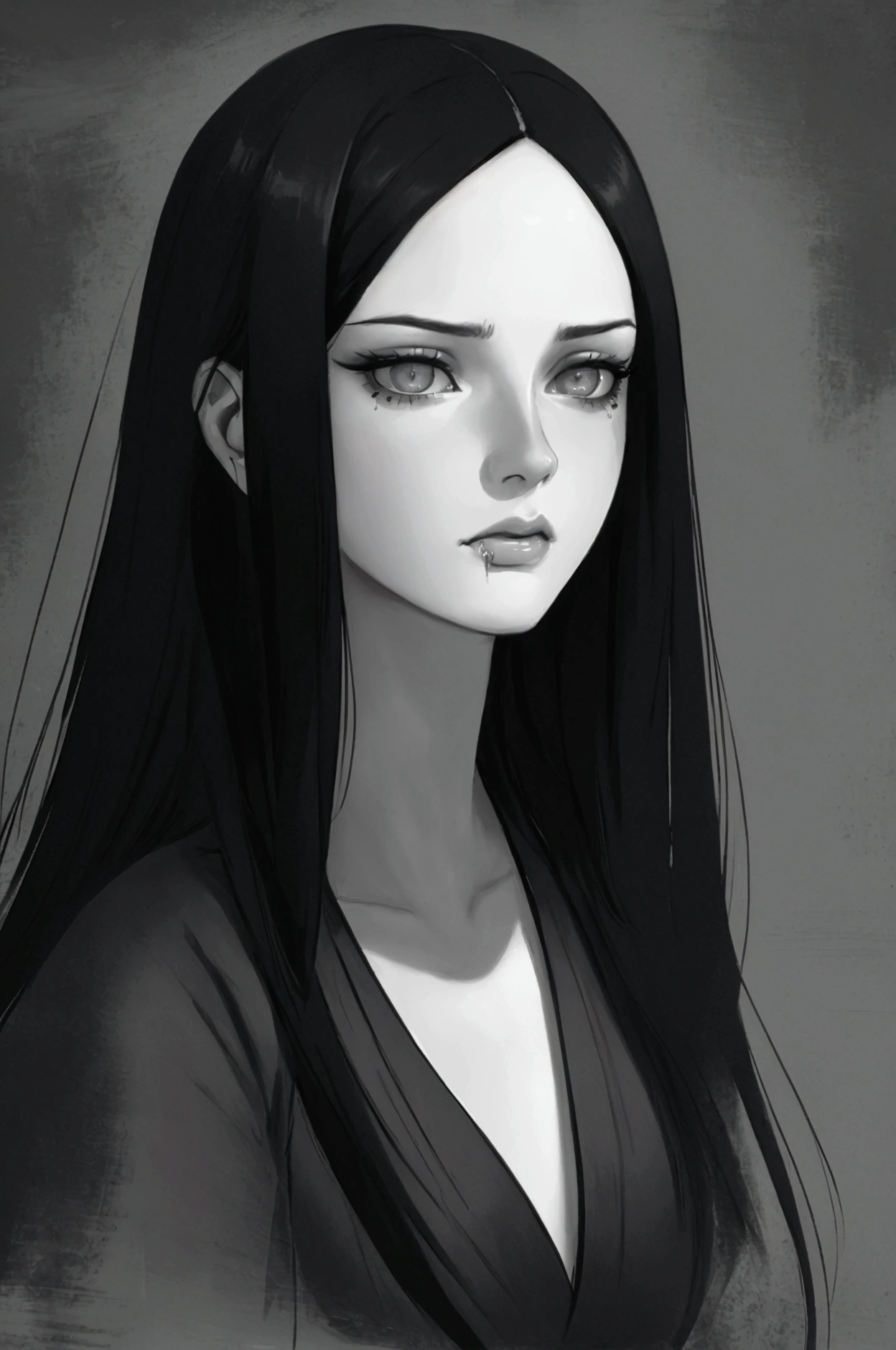 a detailed portrait of a beautiful woman with long black hair, sky grey eyes, drooling black ink,photorealistic,detailed facial features,elegant expression,dramatic lighting,muted color palette,dark and moody atmosphere,cinematic composition,highly detailed digital painting