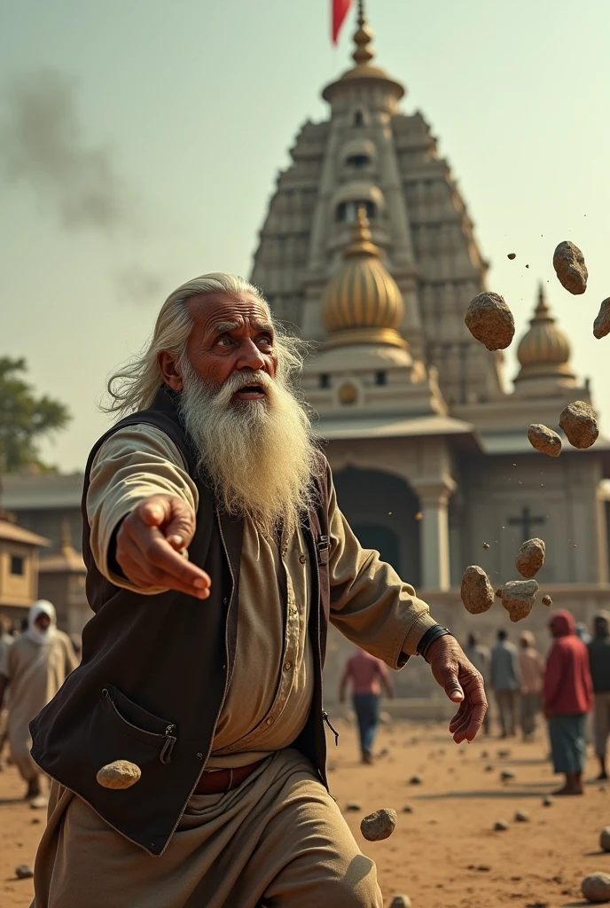 Muslim old man stone pelting towards the hindu temple